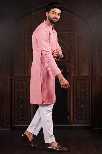 Pink color beautiful cotton fabric designer embroidery work ceremonial men's party attire