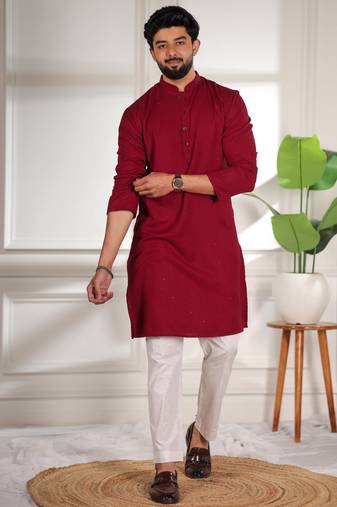Maroon color beautiful cotton fabric designer embroidery work ceremonial men's party attire