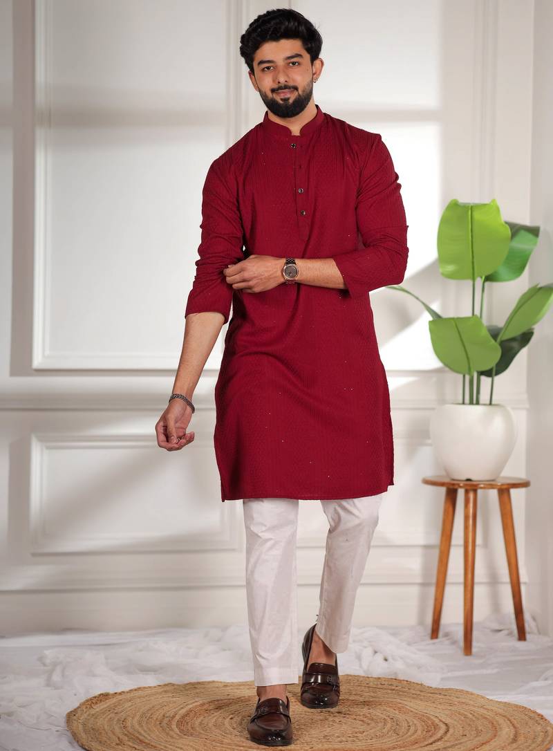Maroon color beautiful cotton fabric designer embroidery work ceremonial men's party attire