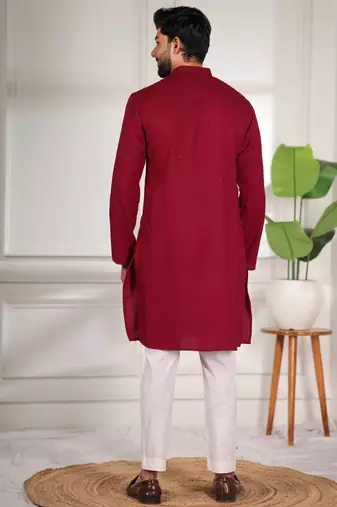 Maroon color beautiful cotton fabric designer embroidery work ceremonial men's party attire