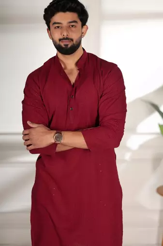 Maroon color beautiful cotton fabric designer embroidery work ceremonial men's party attire