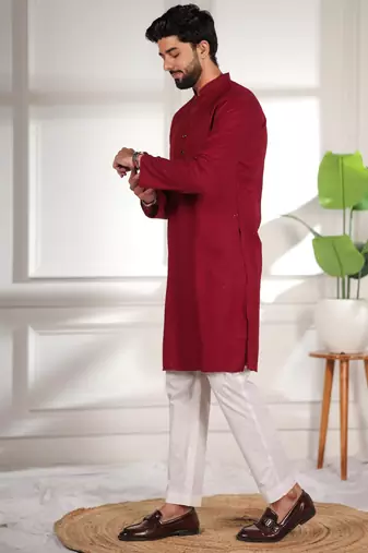 Maroon color beautiful cotton fabric designer embroidery work ceremonial men's party attire