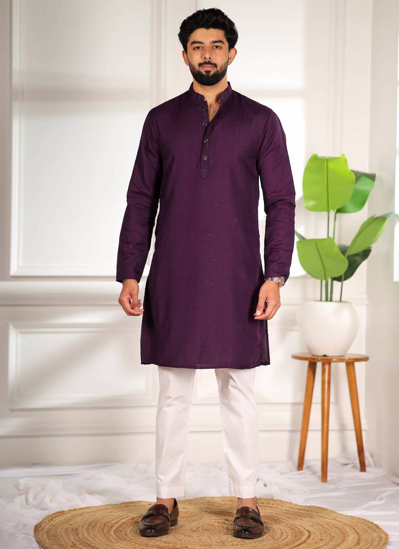Purple color beautiful cotton fabric designer embroidery work ceremonial men's party attire