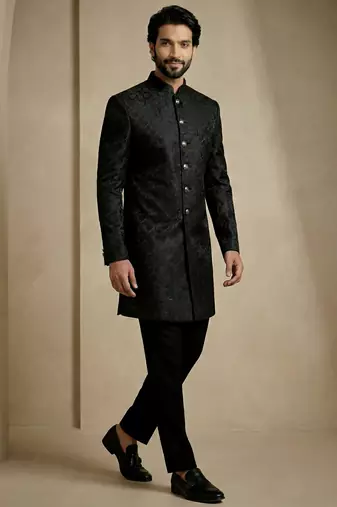 Black donier jacquard premium designer festive wear indo western set