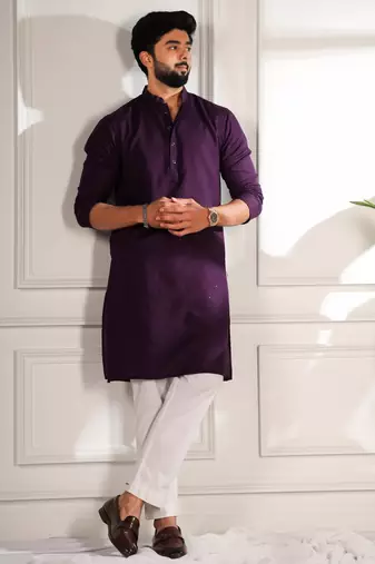 Purple color beautiful cotton fabric designer embroidery work ceremonial men's party attire