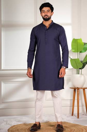 Nevy blue color beautiful cotton fabric designer embroidery work ceremonial men's party attire