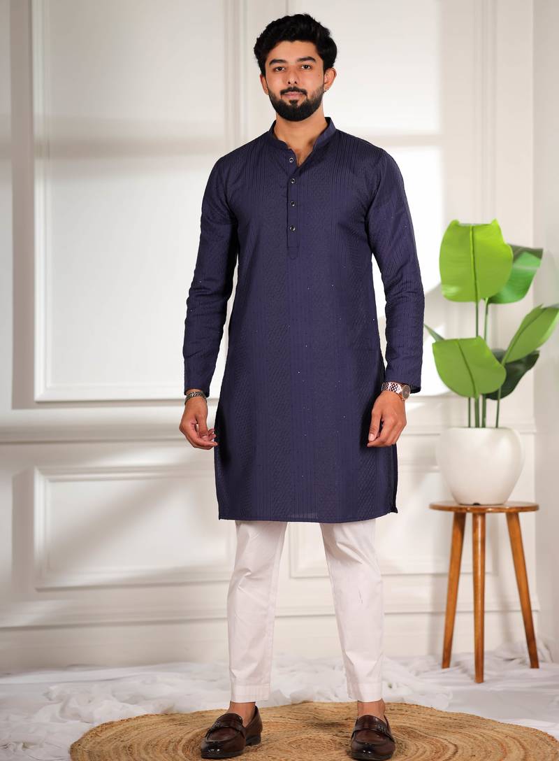 Nevy blue color beautiful cotton fabric designer embroidery work ceremonial men's party attire