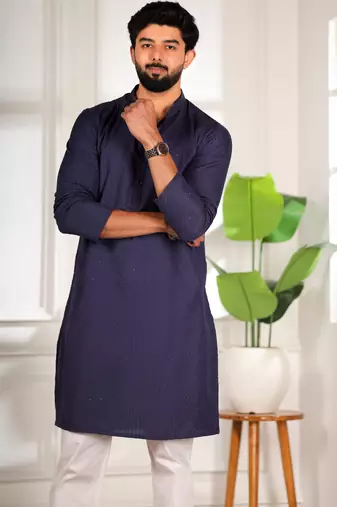 Nevy blue color beautiful cotton fabric designer embroidery work ceremonial men's party attire