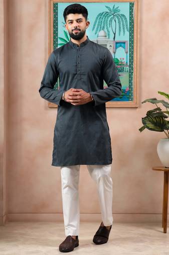Grey color stylish cotton fabric woven dobby designer kurta payjama for men's