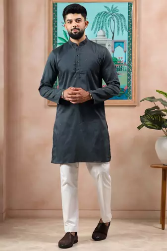 Grey color stylish cotton fabric woven dobby designer kurta payjama for men's