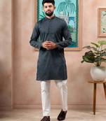 Grey color stylish cotton fabric woven dobby designer kurta payjama for men's