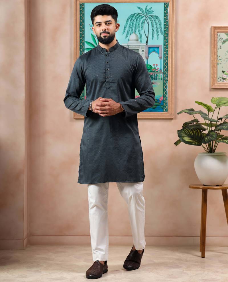 Grey color stylish cotton fabric woven dobby designer kurta payjama for men's