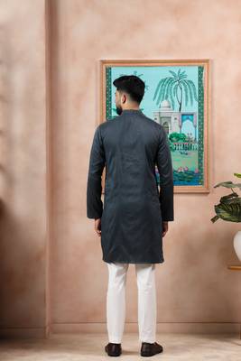 Grey color stylish cotton fabric woven dobby designer kurta payjama for men's 2