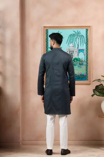 Grey color stylish cotton fabric woven dobby designer kurta payjama for men's