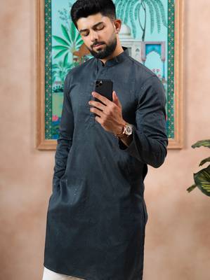 Grey color stylish cotton fabric woven dobby designer kurta payjama for men's 3