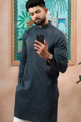 Grey color stylish cotton fabric woven dobby designer kurta payjama for men's