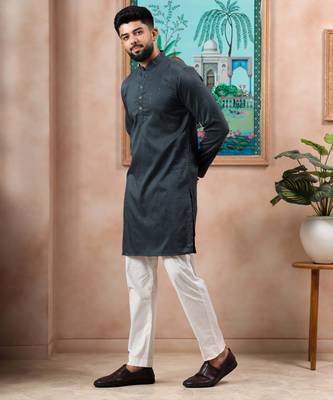 Grey color stylish cotton fabric woven dobby designer kurta payjama for men's 4