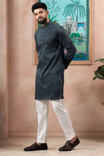 Grey color stylish cotton fabric woven dobby designer kurta payjama for men's