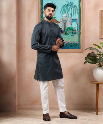 Grey color stylish cotton fabric woven dobby designer kurta payjama for men's 5