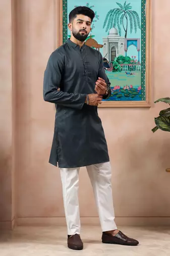 Grey color stylish cotton fabric woven dobby designer kurta payjama for men's