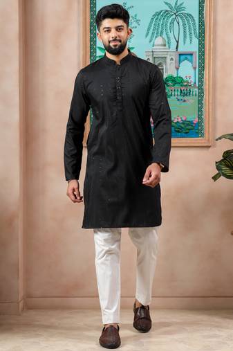 Black color stylish cotton fabric woven dobby designer kurta payjama for men's