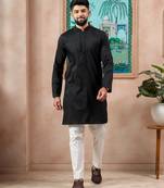 Black color stylish cotton fabric woven dobby designer kurta payjama for men's