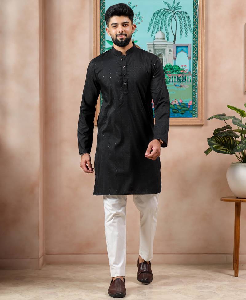 Black color stylish cotton fabric woven dobby designer kurta payjama for men's