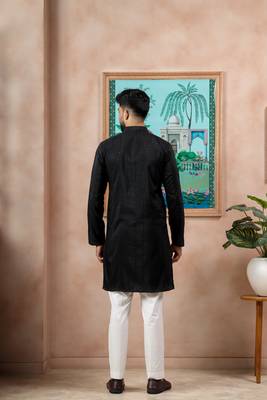 Black color stylish cotton fabric woven dobby designer kurta payjama for men's 2