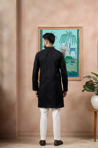Black color stylish cotton fabric woven dobby designer kurta payjama for men's