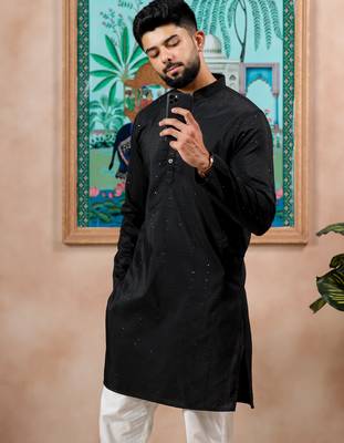 Black color stylish cotton fabric woven dobby designer kurta payjama for men's 3