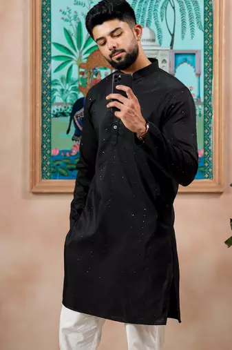 Black color stylish cotton fabric woven dobby designer kurta payjama for men's