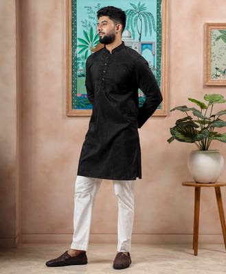 Black color stylish cotton fabric woven dobby designer kurta payjama for men's 4