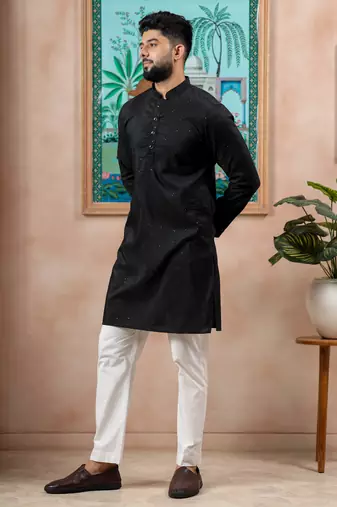 Black color stylish cotton fabric woven dobby designer kurta payjama for men's
