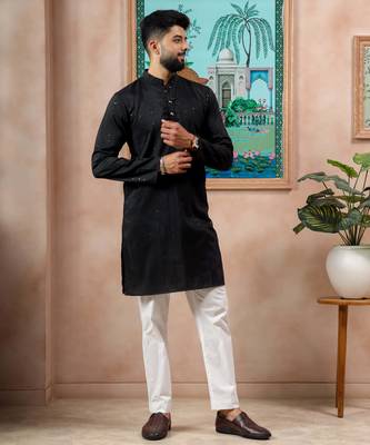 Black color stylish cotton fabric woven dobby designer kurta payjama for men's 5
