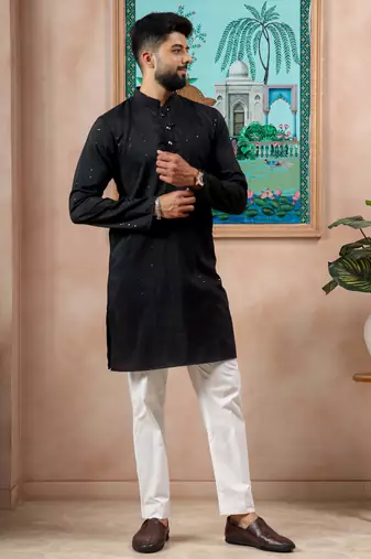 Black color stylish cotton fabric woven dobby designer kurta payjama for men's
