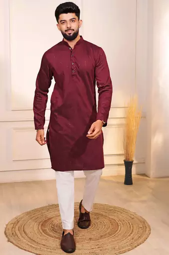 Maroon color stylish cotton fabric woven dobby designer kurta payjama for men's
