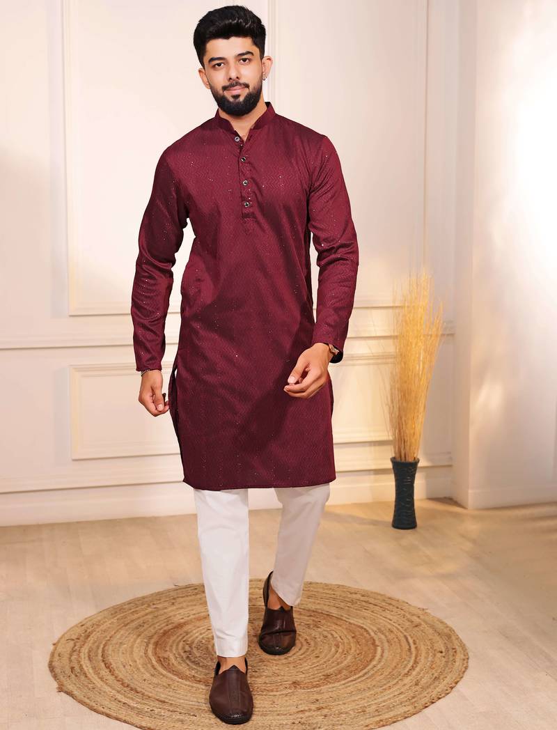 Maroon color stylish cotton fabric woven dobby designer kurta payjama for men's