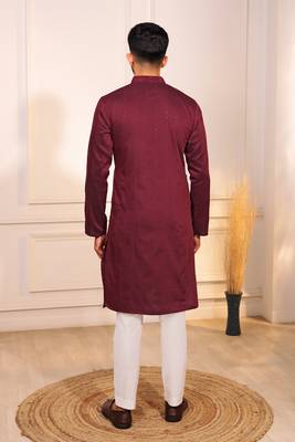Maroon color stylish cotton fabric woven dobby designer kurta payjama for men's 2