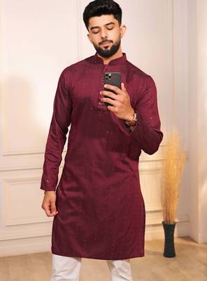 Maroon color stylish cotton fabric woven dobby designer kurta payjama for men's 3