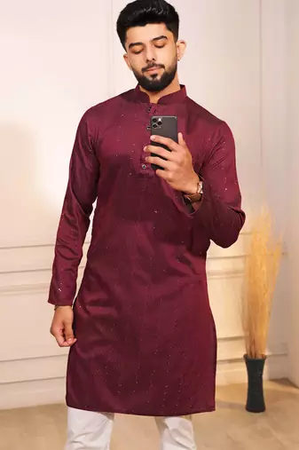 Maroon color stylish cotton fabric woven dobby designer kurta payjama for men's