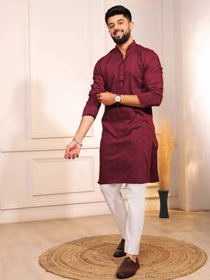 Maroon color stylish cotton fabric woven dobby designer kurta payjama for men's 4