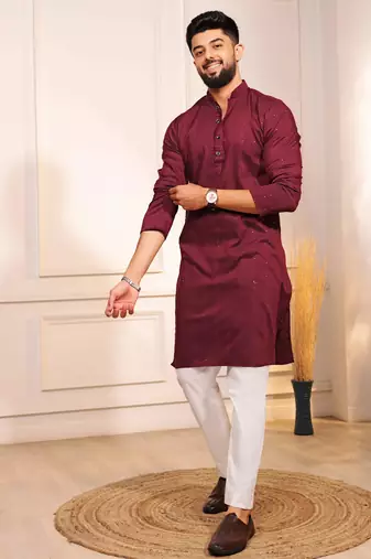 Maroon color stylish cotton fabric woven dobby designer kurta payjama for men's