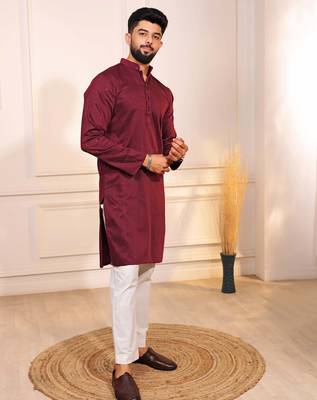 Maroon color stylish cotton fabric woven dobby designer kurta payjama for men's 5