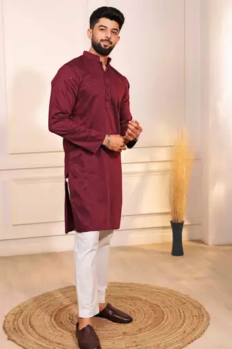 Maroon color stylish cotton fabric woven dobby designer kurta payjama for men's