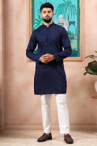 Blue color stylish cotton fabric woven dobby designer kurta payjama for men's