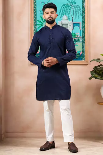 Blue color stylish cotton fabric woven dobby designer kurta payjama for men's