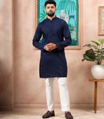 Blue color stylish cotton fabric woven dobby designer kurta payjama for men's