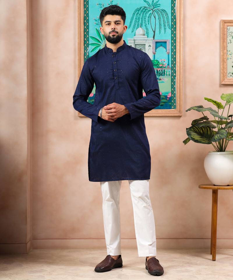 Blue color stylish cotton fabric woven dobby designer kurta payjama for men's