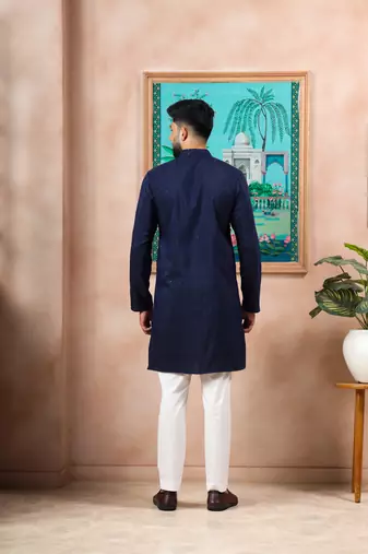 Blue color stylish cotton fabric woven dobby designer kurta payjama for men's