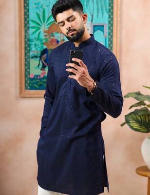 Blue color stylish cotton fabric woven dobby designer kurta payjama for men's 3
